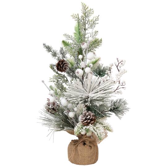 Northlight 20" Unlit Flocked & Frosted Mixed Foliage Artificial Christmas Tree in Burlap Base